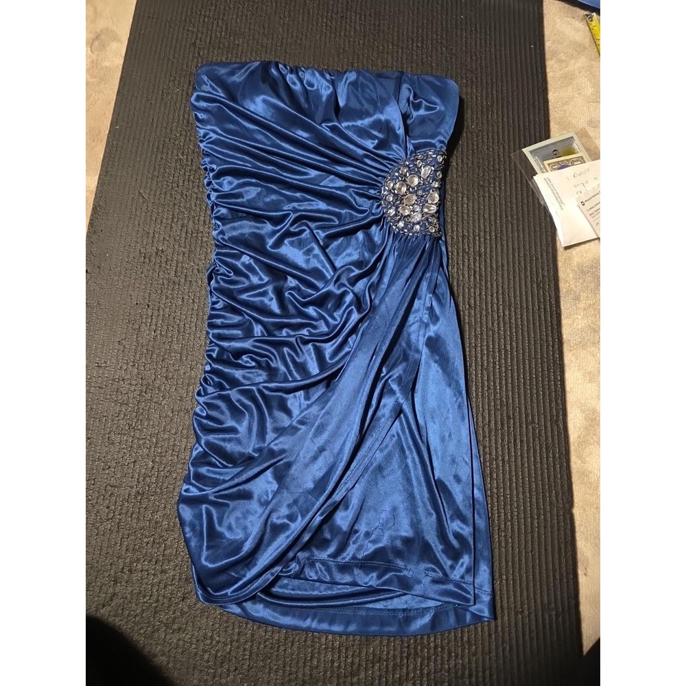 Speechless Y2K Blue Strapless Ruched Mini Dress M Rhinestone McBling Party